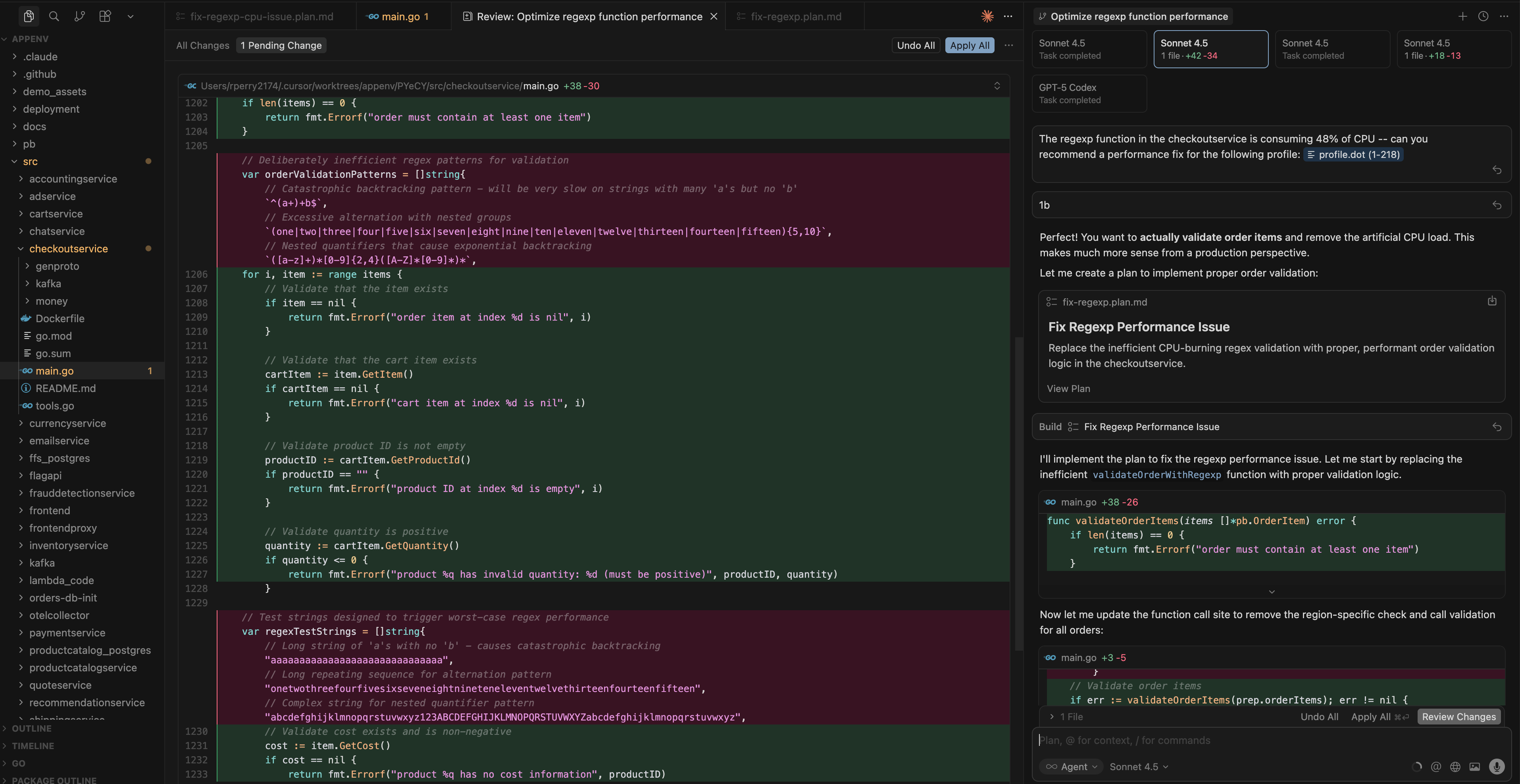 Cursor chat interface showing a prompt about a regexp consuming 48% CPU ...