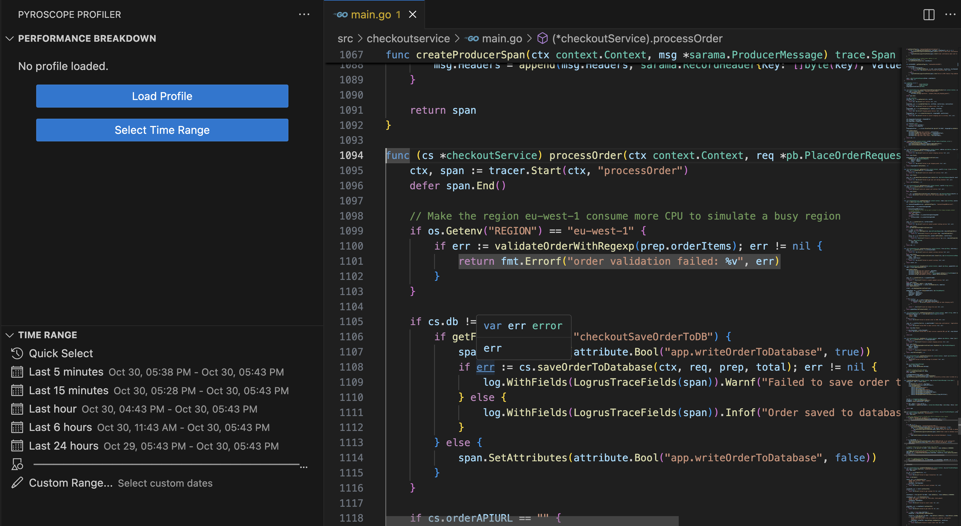 VS Code with Pyroscope profiler showing how to load a profile using the ...