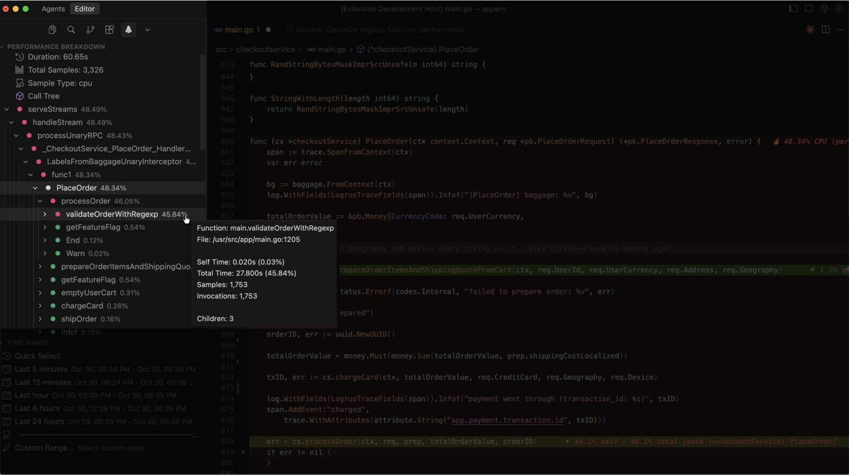code-profilers python at master · thecodecache code ... VS Code with Pyroscope profiler showing CPU bottleneck in PlaceOrder ...